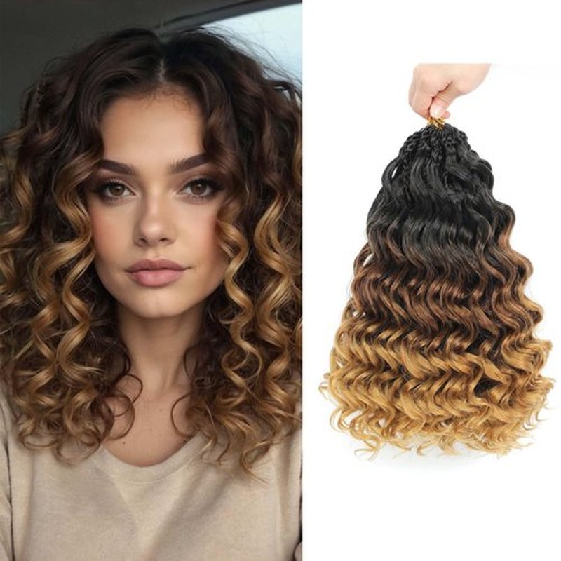 Pre-Looped Ocean Wave Crochet Braids Deep Wavy Crochet Hair Water Wave Braiding Hair Short Curly Pre Twisted Synthetic Boho Braids Short Curly Synthetic Braiding Hair (#1B/30/27, 12 Inch (Pack of 8))