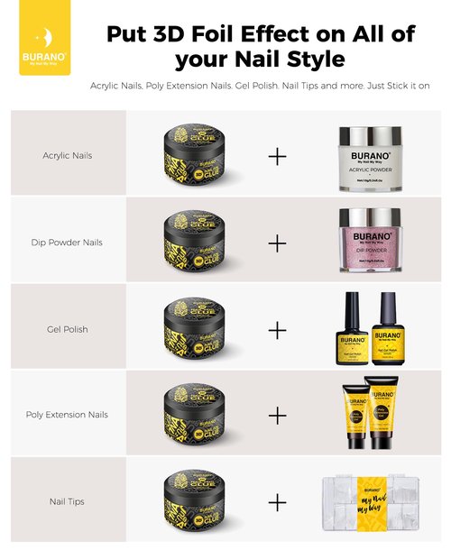 BURANO 3D Nail Foil Glue Gel, 8G 3D Gel Nail Art Foil Gel for Nails 1 Bottle with 10PCS Foils Sticker, Transfer Gel Foil Adhesive Glue Nails Design Foil UV LED Lamp Required