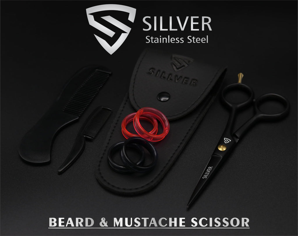 Professional Mustache Scissors 5 Inch, Razor Edged and Serrated, Beard Comb, Mustache Comb, Pouch -Beard Trimming Scissors for All Facial Hair– Grooming Scissors