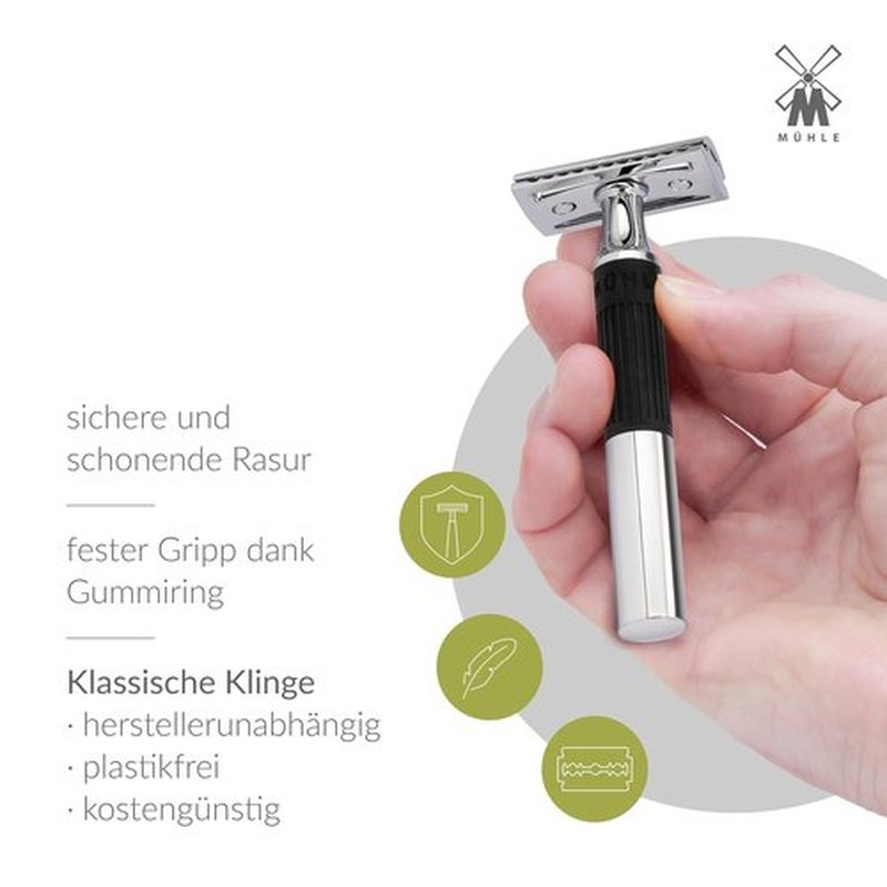 MÜHLE NEO Safety Razor - Eco-Friendly Double Edge Razor for Beginners & Pros | Chrome with Black Grip