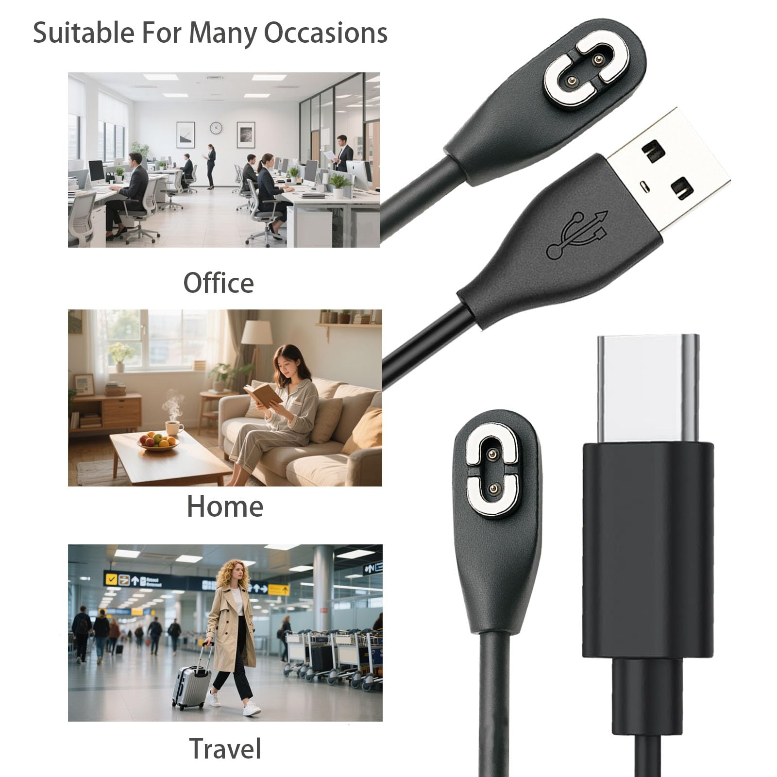 2 Pack Charger Cables Compatible with Shokz, Magnetic Replacement Charging Cable, Suitable for Aftershokz Aeropex AS800/803/Shokz Open Pro, OpenRun Mini, OpenComm Bone Conduction (2, Black)