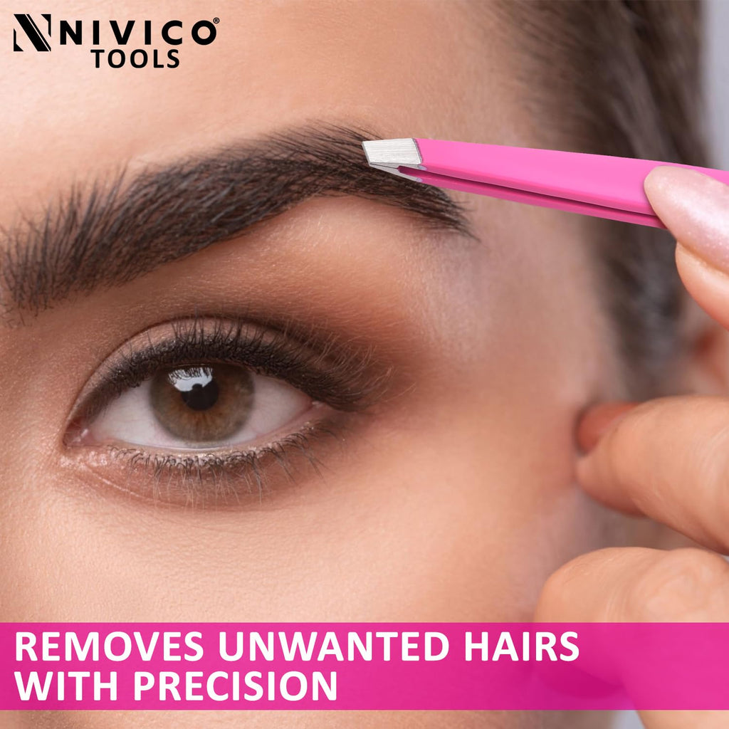NIVICO Professional Slant Eyebrow Tweezers – Precision Stainless Steel Tweezers for Ingrown & Facial Hair Removal, Salon Quality Brow Shaping for Men & Women (Pink)