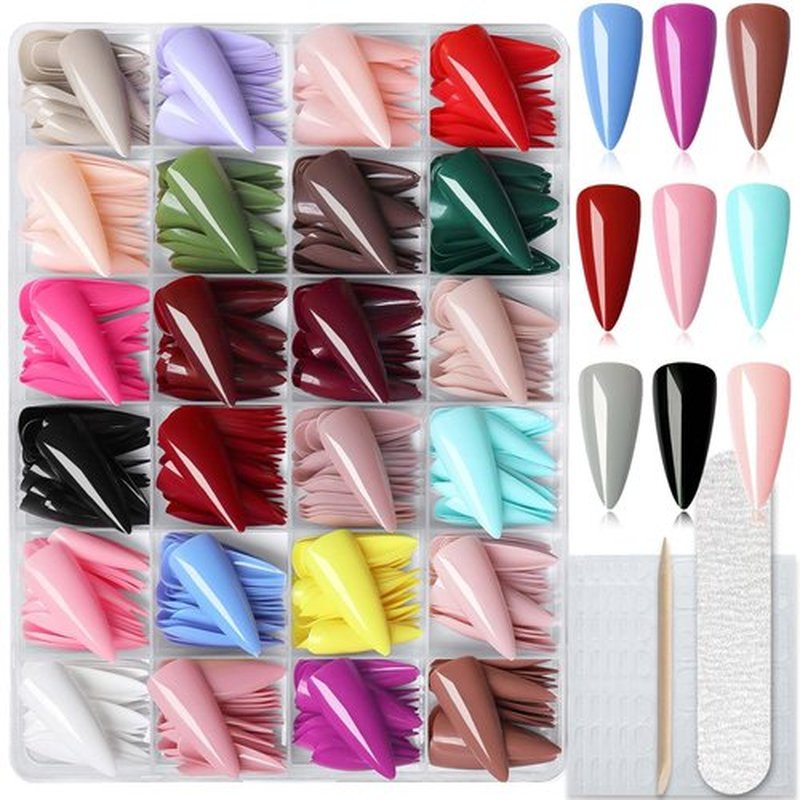 LuckForever 576pc Stiletto Press on Nails Long Fake Nails with Adhesive Tabs, Long False Nails Press ons Nail Stiletto Glue on Nails Artificial Fingernail Acrylic Stick Nail for Women Girls