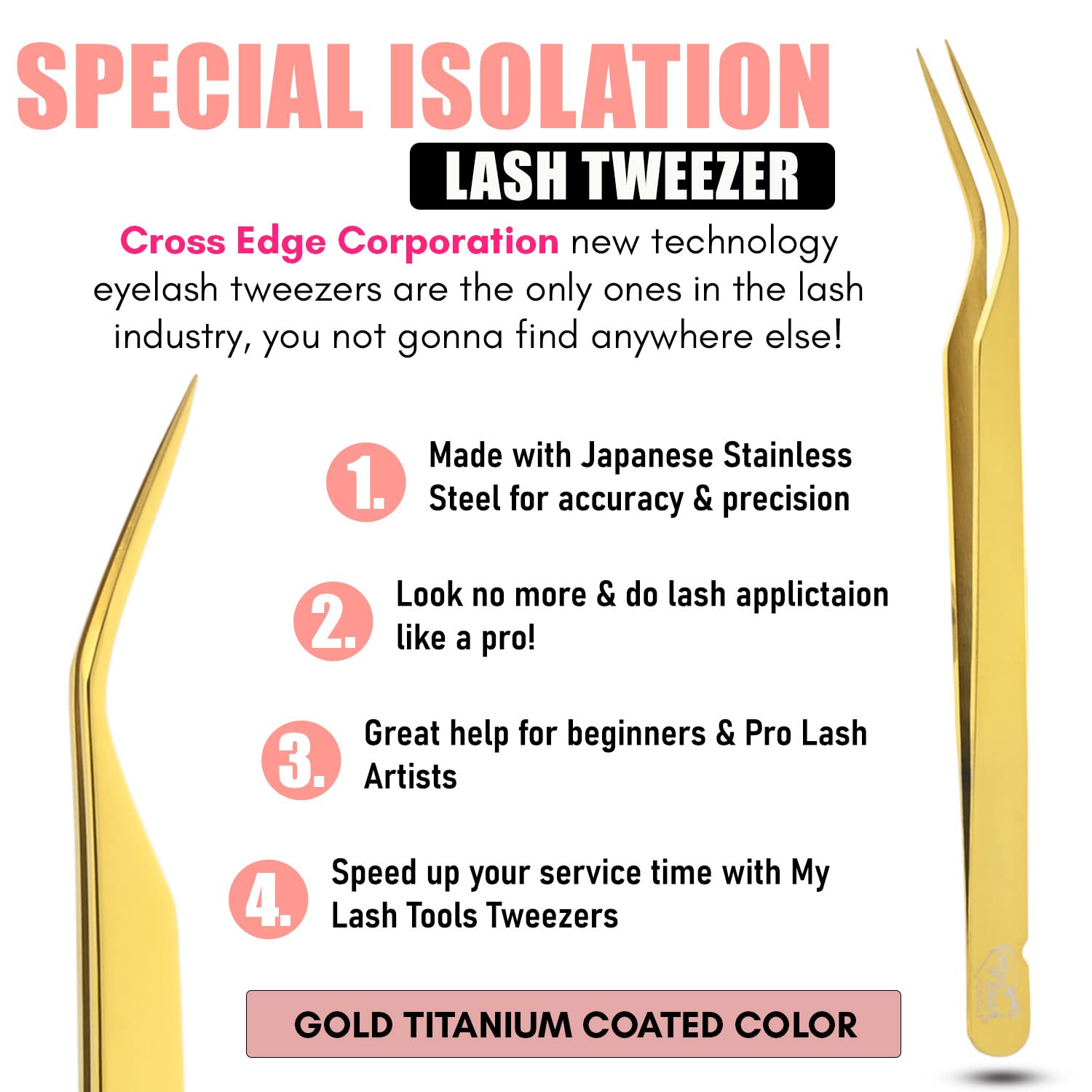 My Lash Tools New Isolation Lash Tweezers For Eyelash Extensions Best for Individual Isolation & Classic Lashes Japanese Stainless Steel Lightweight Precision Lashing Twisers (Gold)
