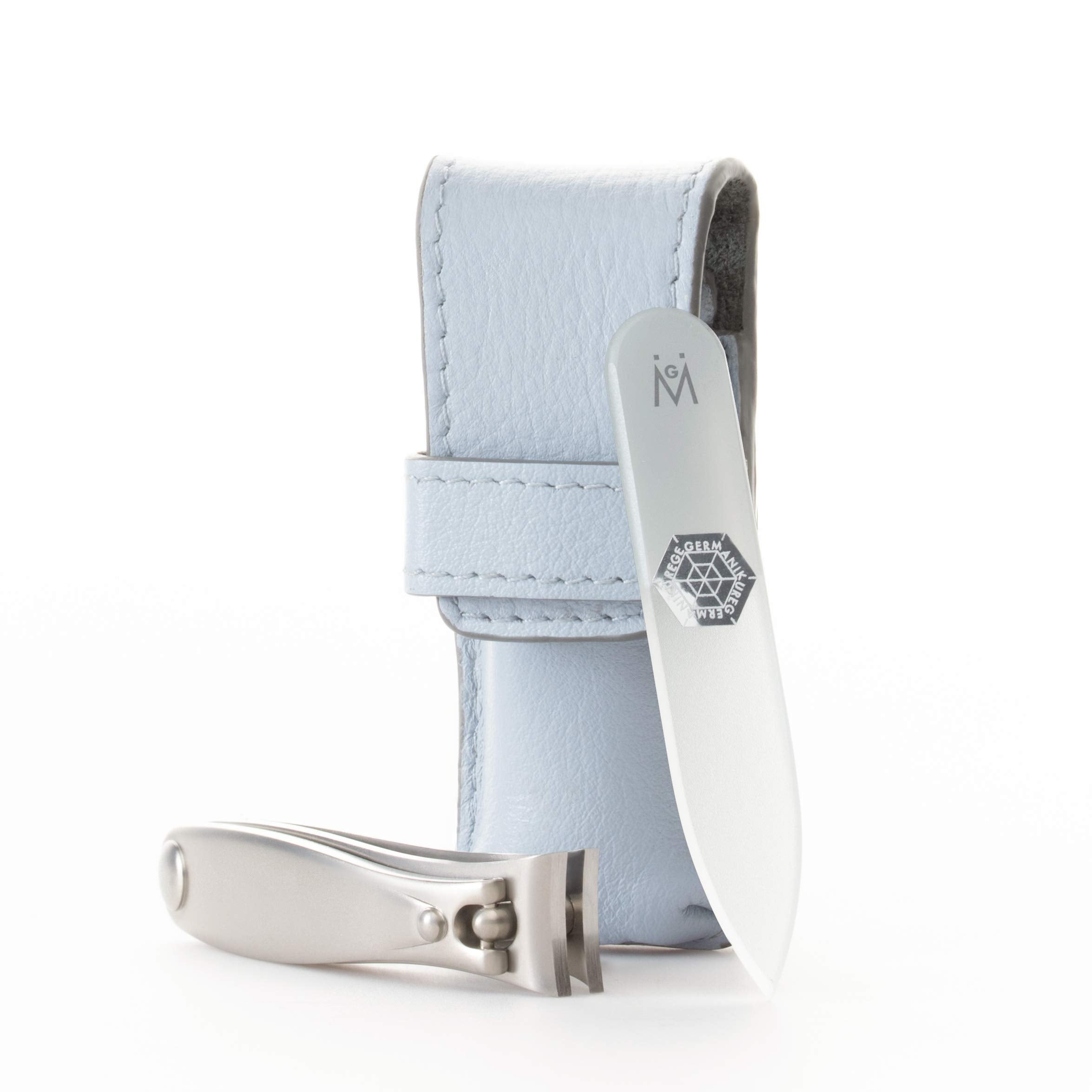 GERMANIKURE Nail Clipper and Glass Nail File Set in Light Blue Leather Case - Made in Solingen Germany of FINOX Stainless Steel, Glass Nail Care Supplies Made in Czech Republic