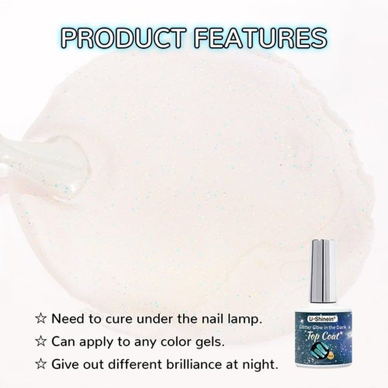 U-Shinein Glow In The Dark Gel Polish - Glitter Luminous Blue Nail Gel Top Coat with Fine glitter decoration No Wipe Long-lasting Transparent Glow UV LED Needed, Perfect for Any Festival Halloween