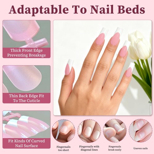 Lifextol 240PC White French Tip Press on Nails Medium Fake Nails Press ons with 5*Adhesive Tabs, Pink Square Acrylic Nail Press on Nail French Tip Nails False Artificial Fingernails Stick on Nails-G