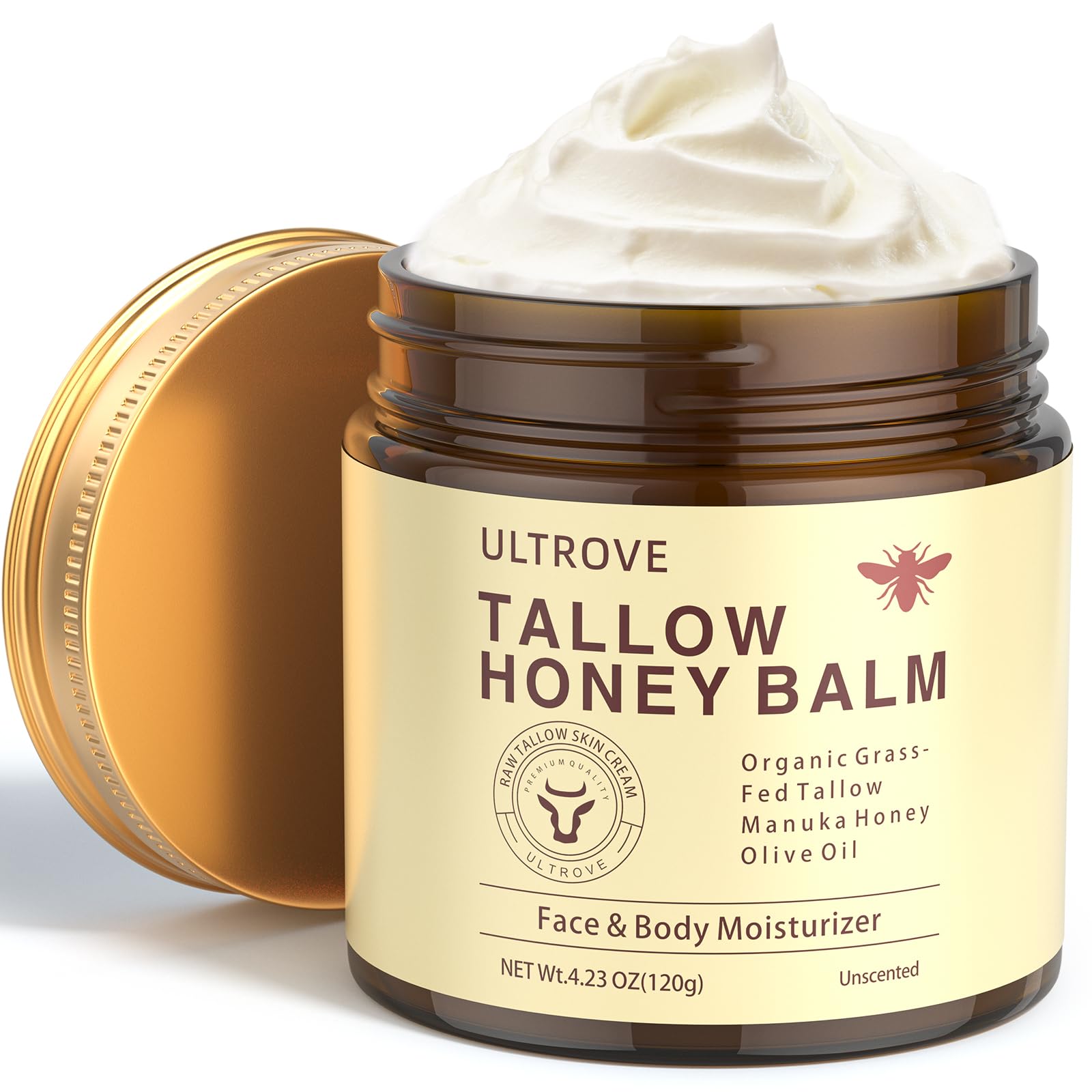 Ultrove Beef Tallow and Honey Balm for Skin, Natural Face + Body Moisturizer with Organic Grass-Fed Beef Tallow & Raw Wild Honey for Dry & Sensitive Skin, 4.23oz