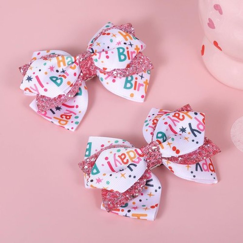 4" Happy Birthday Ribbon Hair Bow Clips 2pc Sparkly Pink Sequin Alligator Barrettes Pins for Teens Toddler Baby Girls Kids Women Ice Cream Party Outfit Dress Decor Accessory Gift