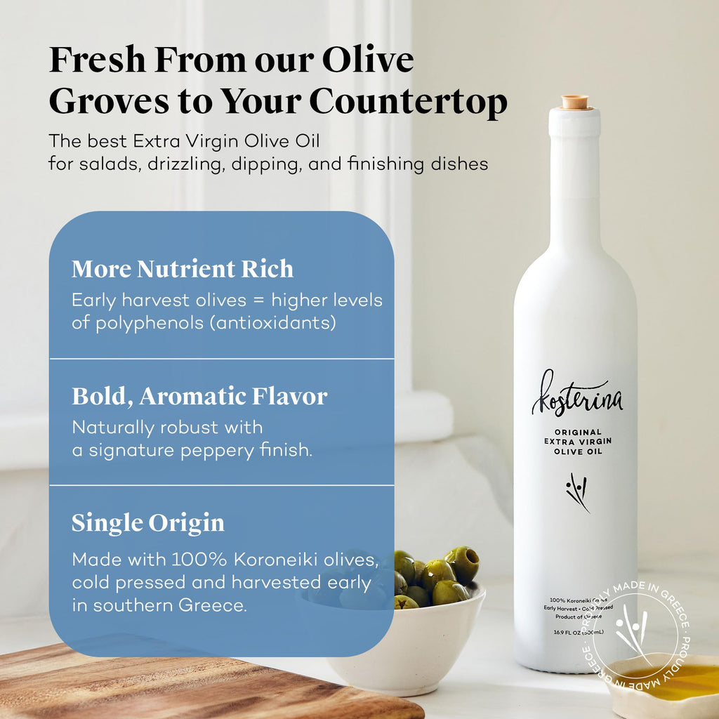 Kosterina Extra Virgin Olive Oil Gift Set | Polyphenol Rich Greek Olive Oil, Cold-Pressed EVOO, Early Harvest Koroneiki Olives | High Antioxidant Superfood | Harvested in Greece (16.9 oz | Set of 2)