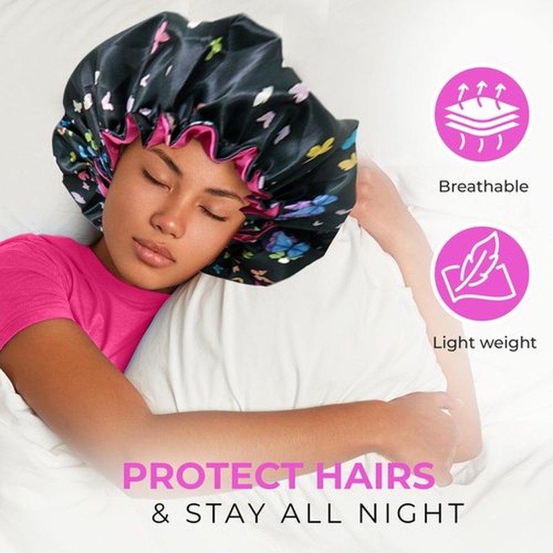 BE BEAUTIFUL EXTENSIONS Discover Premium Ruffle Silk Satin Sleeping Bonnets Hair, Moisture Retention, and All-Night Comfort. Keep Your Hair Healthy and frizz-Free Black Pink