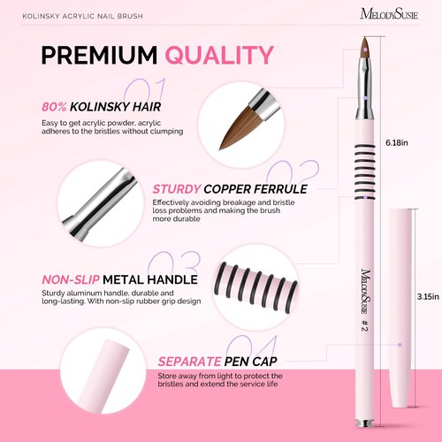 MelodySusie 3D Kolinsky Acrylic Nail Brush, Professional Nail Art Sculpture Brush with Pink Metal Non-Slip Grip Handle, for Acrylic Application 3D Nail Art Flower Designs, Size 2
