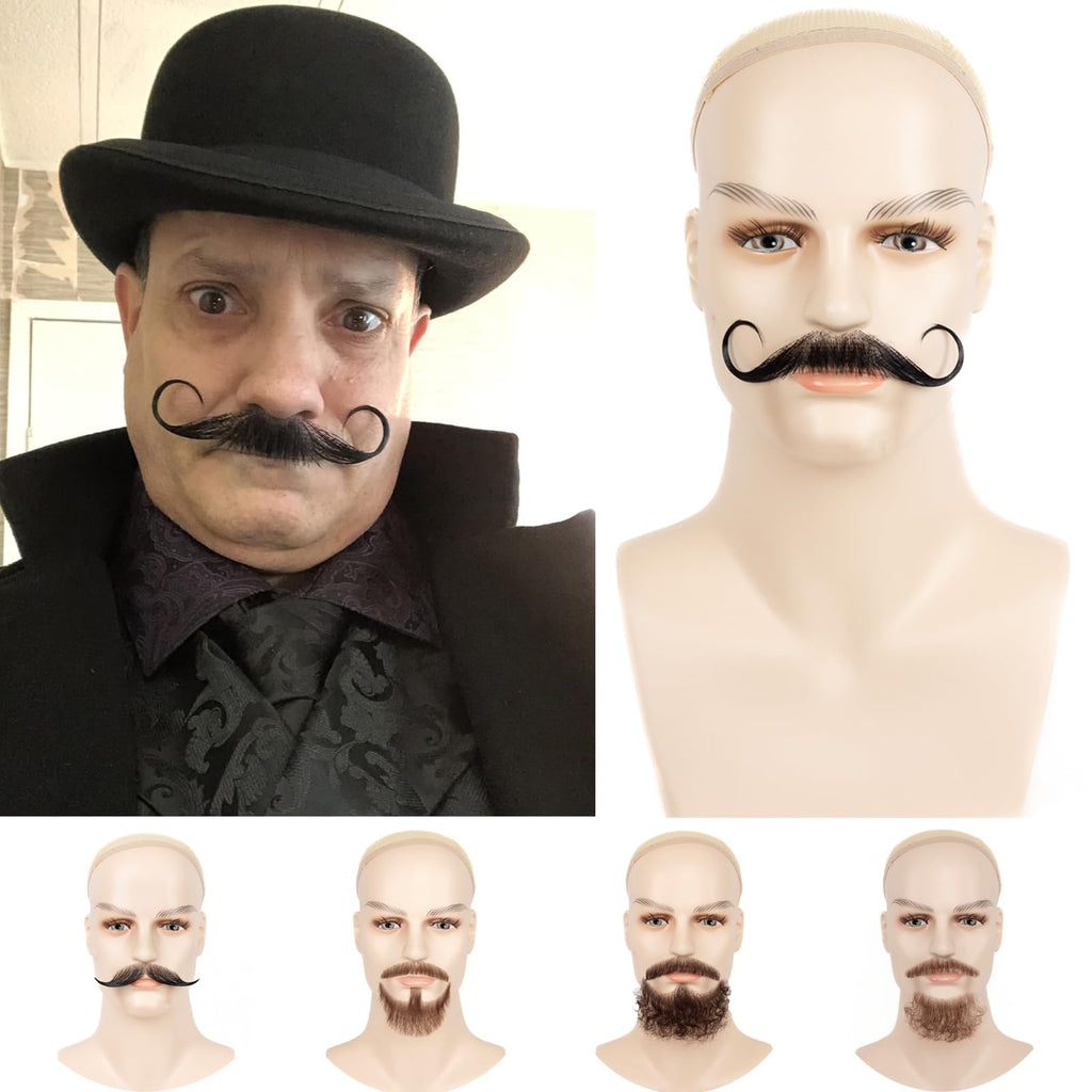 XRDDFL Fake Beard Human Hair Realistic Fake Mustache for Men, Full Hand-Tied Invisible Lace Based Fake Facial Hair Black Reusable False Goatee Beards for Halloween Cosplay Costume Party Drama