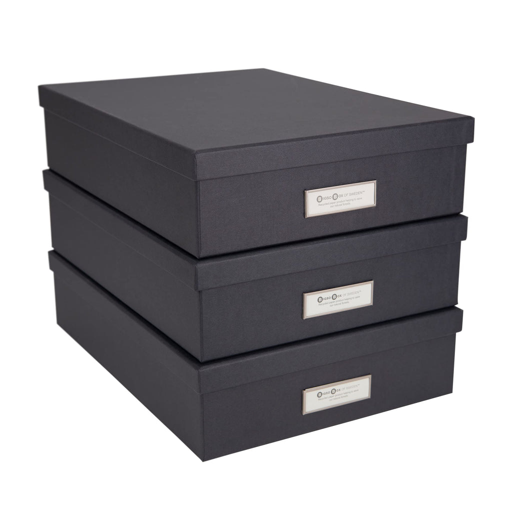 Bigso Oskar Fiberboard Label Frame Document Letter Box - File Organizer Box for Important Paperwork - Document Storage with a Lid & Label Window - 3.3 in x 10.2 in x 13.8 in - 3 Pack - Dark Grey