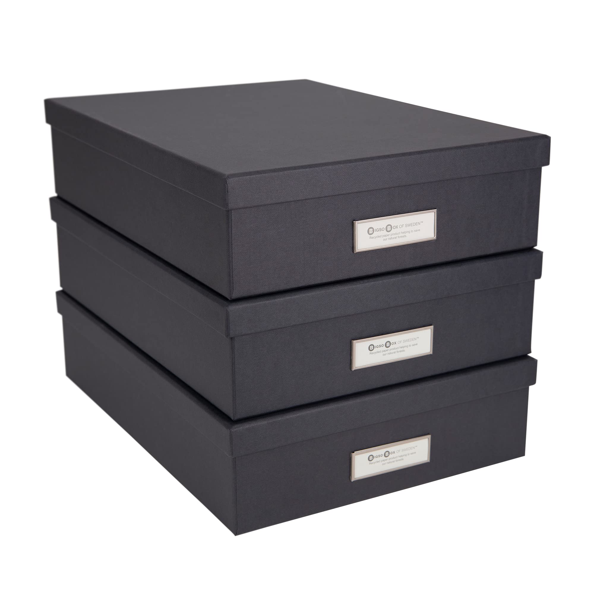 Bigso Oskar Fiberboard Label Frame Document Letter Box - File Organizer Box for Important Paperwork - Document Storage with a Lid & Label Window - 3.3 in x 10.2 in x 13.8 in - 3 Pack - Dark Grey