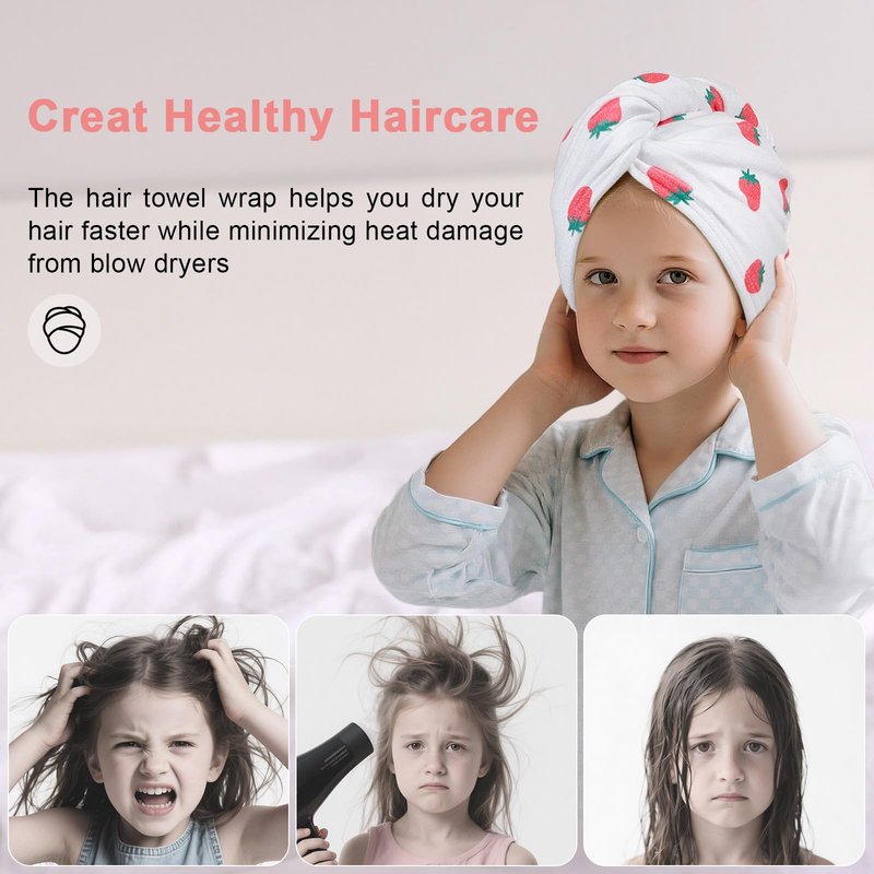 Unicorn Castle Microfiber Hair Towel for Kids 2Pack Hair Wrap Towels Absorbent Hair Drying Towel Wrap Hair Turbans for Curly Thick Hair, Pink White Strawberry