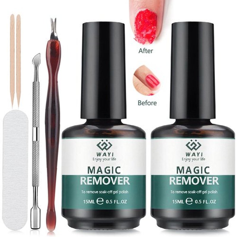 Gel Nail Polish Remover Kit - 2 Bottles Fast Gel Polish Remover with Cuticle Pusher, Dead Skin Fork, Nail File & Wooden Sticks, No Foil Needed, Quick Soak Off UV Gel Base & Top Coat Remover by Wayi
