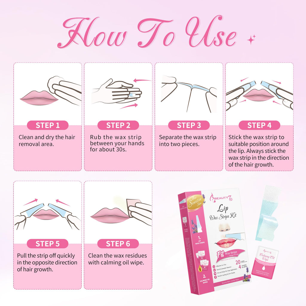 Beauty7 Sensitive Lip Wax Strips, Facial Wax Strips, Hair Removal 20 pcs with 4pcs Calming Oil Wipes, at Home Waxing for Women