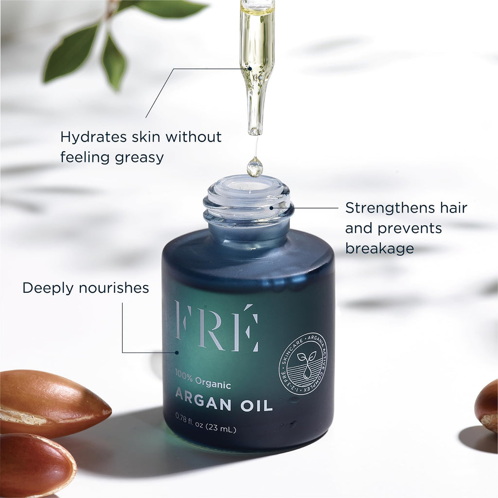 FRE Skincare 100% Organic Argan Oil for Hair, Skin & Nails - Cold Pressed Carrier Oil Stimulates Growth for Dry Damaged Hair - Moroccan Skin Moisturizer for Softer & Smoother Skin