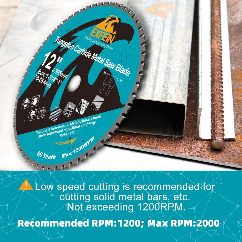 12 Inch 60T Metal Circular Saw Blade - EXFEIN Tungsten Carbide Tipped Saw Blade Arbor 1-3/16" for Metal Sheet or Pipe, Angle Iron, Rebar, Ferrous Metals, Non-Ferrous Metals