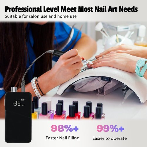 Electric Nail Drill Machine 35000RPM Professional Portable Nail File Cordless Rechargeable Nail Efile for Acrylic Gel Nails Manicure Pedicure Polishing Shape Tools for Salon (Black)