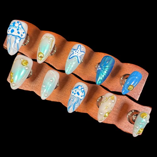 Ocean Theme Press On Nails, Medium Almond Shape, 3D Jellyfish Design with Pearls and Seashells, Summer Vacation False Nails (Blue Ocean, M)