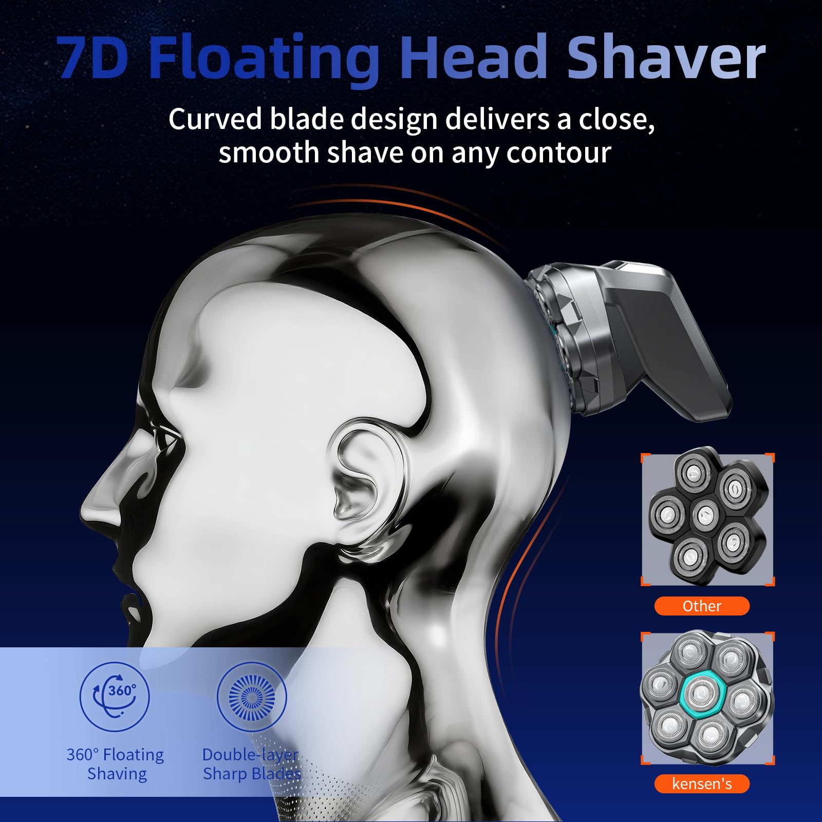kensen 7D Head Shavers for Bald Men - Dual Speed Bald Head Shavers with LED Display, Electric Razor for Men IPX6 Waterproof Wet/Dry Shaving Head Razor Magnetic Head Balding Clippers for Men Black