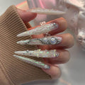 Extra Long Press on Nails Stiletto Fake Nails Long False Nails Almond Shape Glue on Nails with 3D Swirl and Butterfly Designs Acrylic Nails Stick on Nails for Women and Girls 24 Pcs