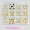 Pizadix 96PCS Gold Nail Charms Kit, 12 Styles 3D Alloy Rhinestones (Hearts/Stars/Leaves & Geometric), 12-Grid Organizer Box & Tweezer, for Gel, Acrylic & Press-On Nails