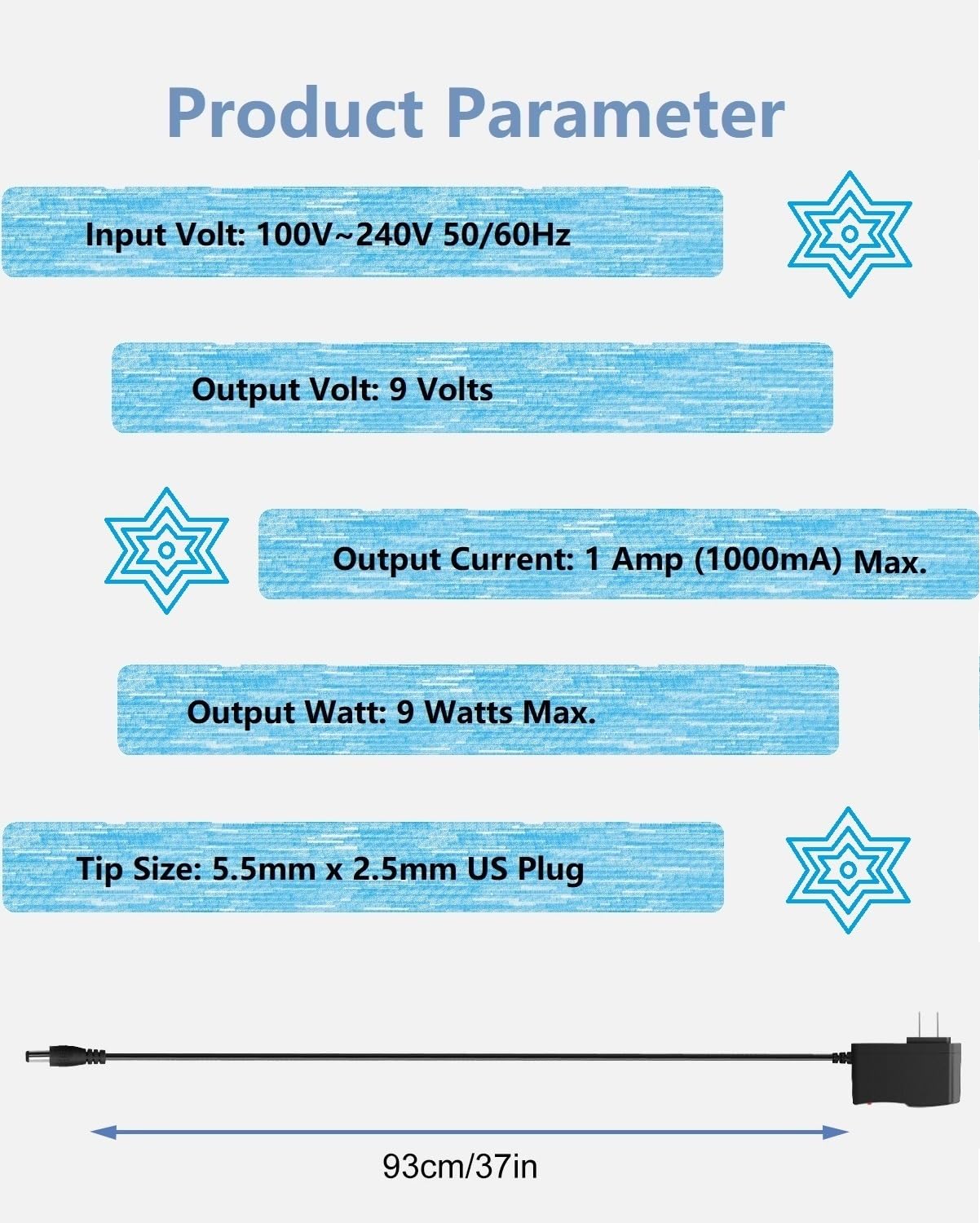 9V DC Power Supply 1A AC Adapter, 100-240V 50/60Hz to 9 Volts 1Amp Transformer, DC 9V Power Cord,【Tip Positive, 5.5mm x 2.5mm Plug】 & 10 Tips