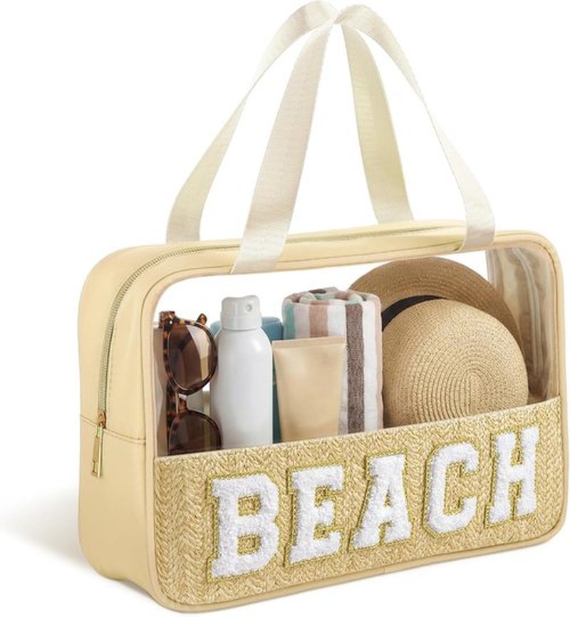 Kajaia Clear Beach Bag - Large Woven Transparent Makeup & Toiletry Storage | Boho Preppy Design - Beige