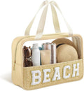 Kajaia Clear Beach Bag - Large Woven Transparent Makeup & Toiletry Storage | Boho Preppy Design - Beige