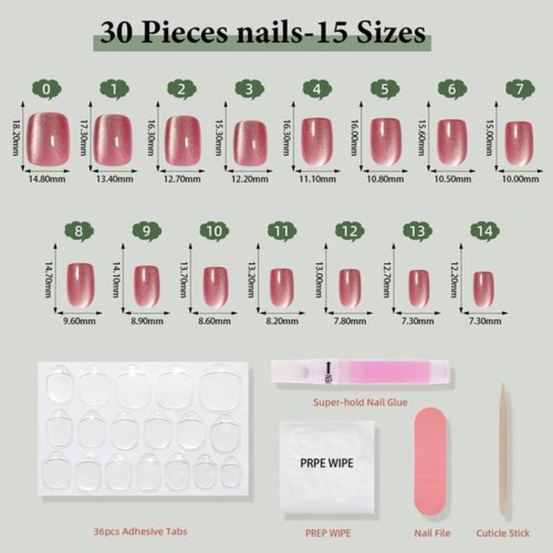 Sifvoo Nude Pink Press On Nails - Cat Eye Press On Nails Short Square Reusable Glossy Nail Kit, 15 Sizes 30 Count Nail Tips With Glue (N49)
