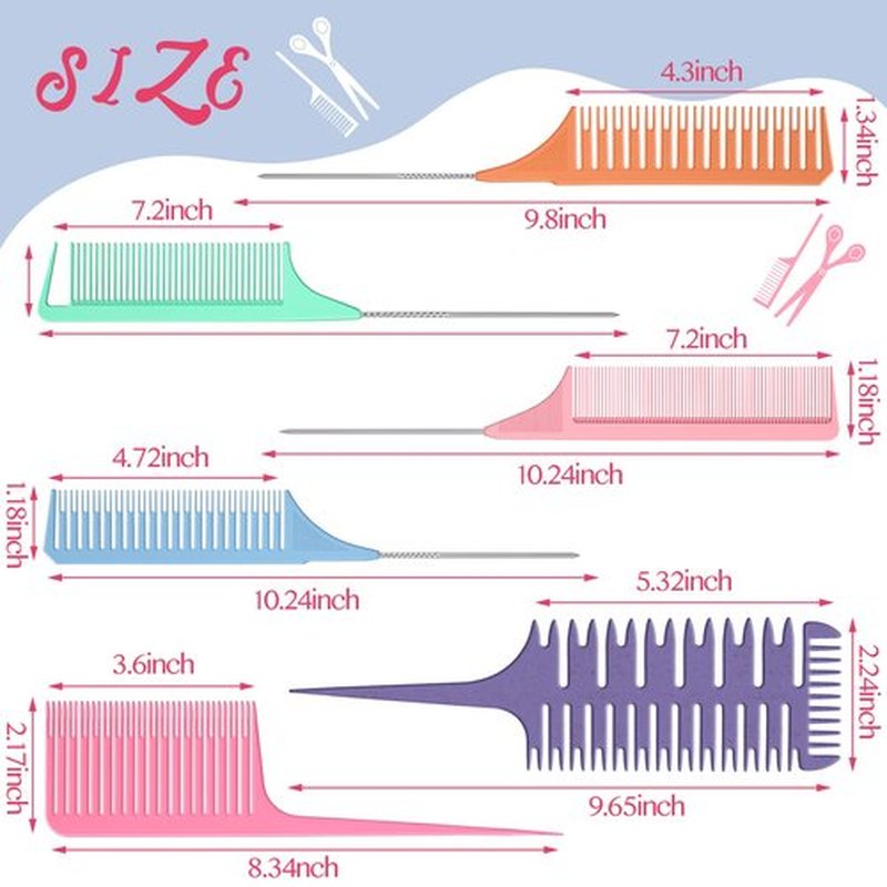 Patelai 6 Pieces Highlighting Comb Set Weaving Hair Dyeing Comb Weaving Sectioning Foiling Rat Tail Styling for Highlights Foiling Balayage Hair Coloring Men Women (Multicolor Style)