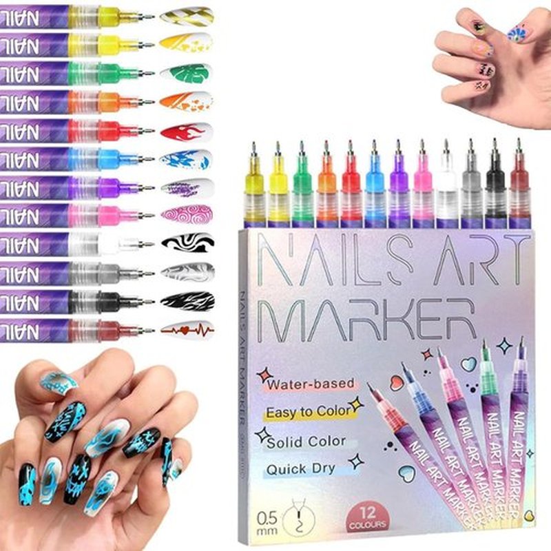 12-Color 3D Nail Art Pens Set, 0.5mm Fine Tip Acrylic Nail Polish Pens for Kids & Adults-Nail Art Markers for Dotting Liner Drawing-Professional DIY Manicure Tools for Home & Salon-1PCS SET