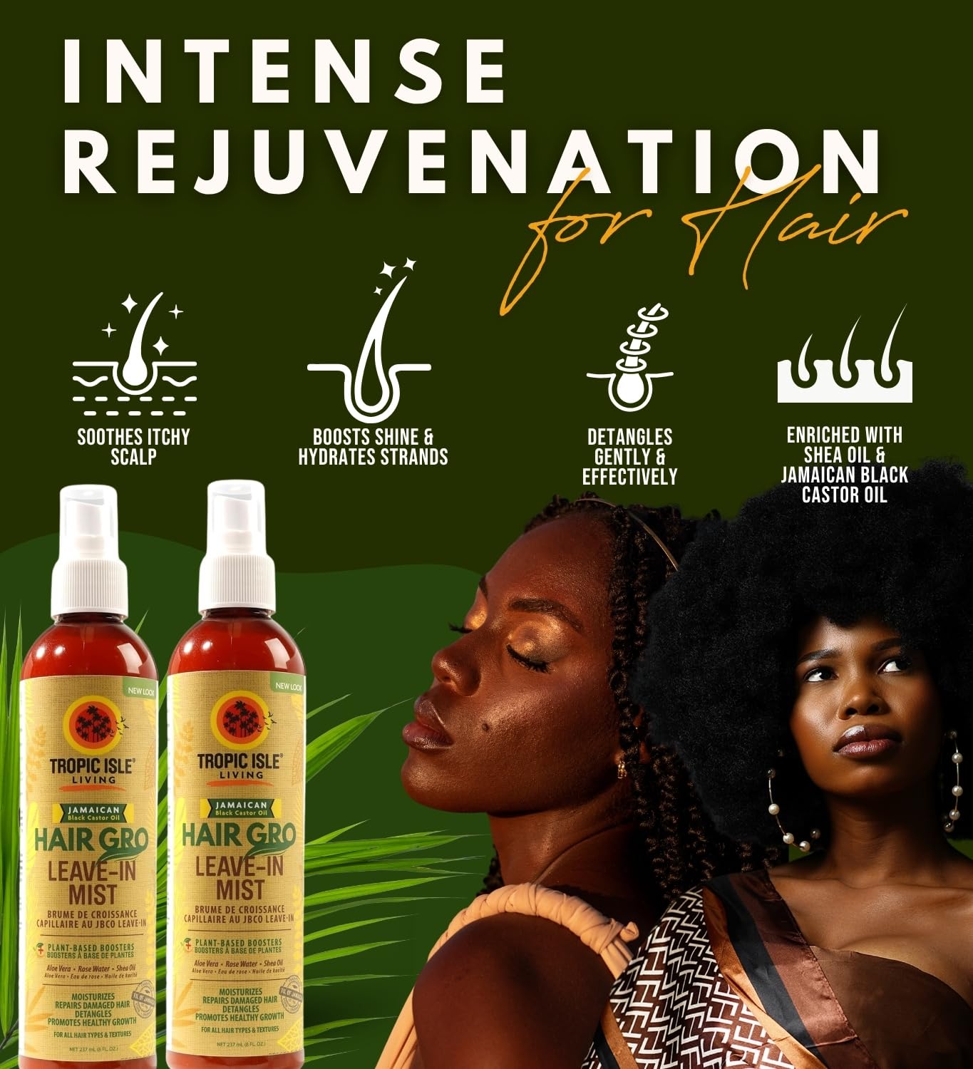 Tropic Isle Living Leave In Conditioner For Black Women – 2x Hair Gro Leave-In Mist 8oz Bundle with Rose Water, Aloe Vera & Shea Oil – Detangling, Moisturizing, and Strengthening – Gift Set (2 Items)