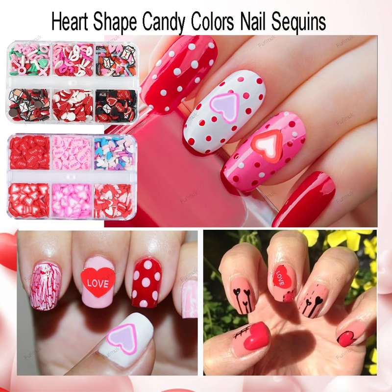 Valentine's Day Nail Art Slices Glitter Sequins 3D Heart Lips Envelope Shape Colorful Cute Nail Decals Paillettes for Girls Women DIY Nail Art Decoration