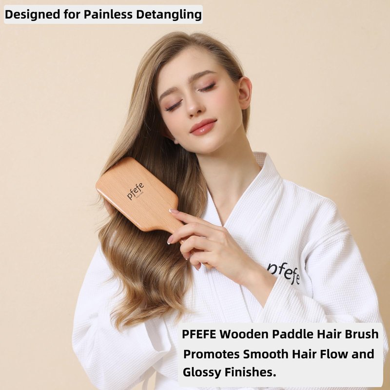 Wooden Paddle Hair Brush - Square Detangling Reducing Breakage Hairbrush for Men & Women, Beechwood Air Cushion Brush with Travel Bag for Thick, Curly, Wet, Dry Hair
