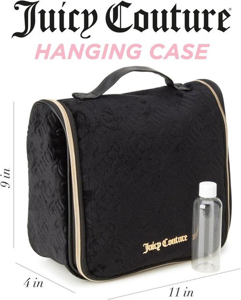 Juicy Couture Black Makeup Bag - Velour Cosmetics Organizer with Travel Hook & Logo