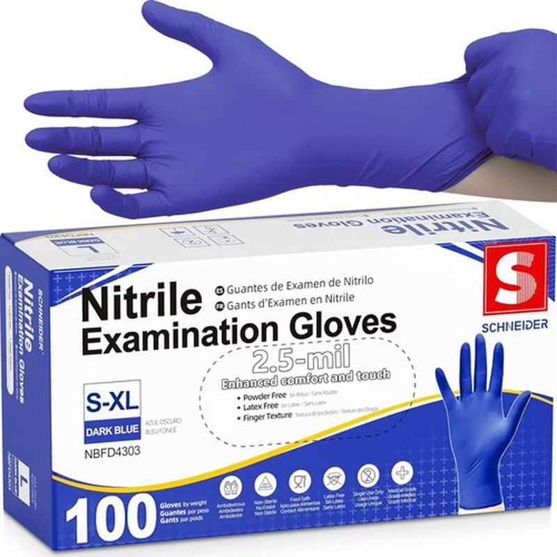 Schneider Nitrile Exam Gloves - Dark Blue Disposable, Latex-Free & Powder-Free | Food Safe for Cooking & Household Use
