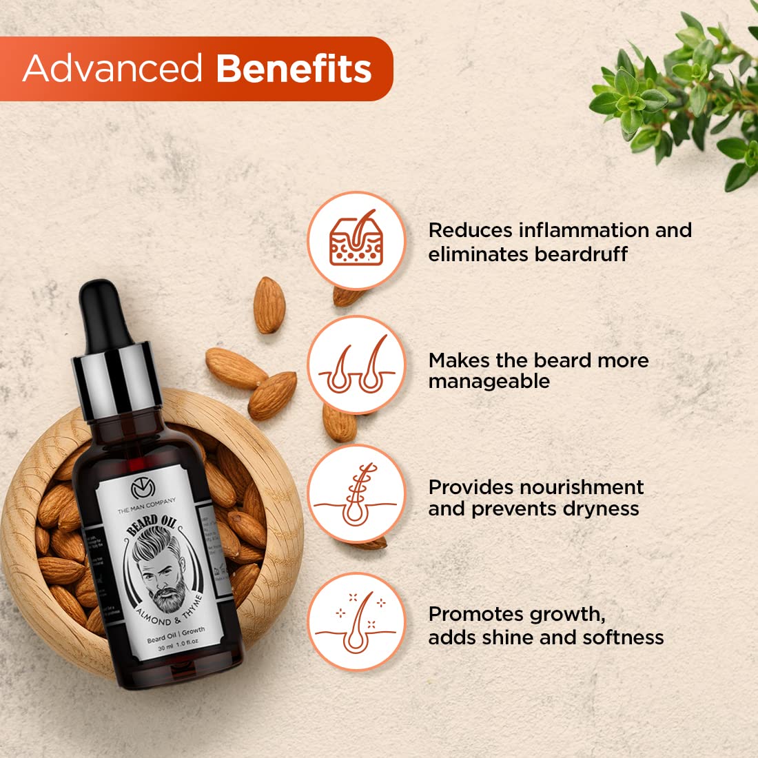 The Man Company 100% Natural Beard Oil for Men with Almond Oil, Thyme, Argan, and Jojoba Oil for Faster Beard Growth - 1.1 Oz | Beard Conditioner Oil, Softens & Strengthens Beards and Mustaches