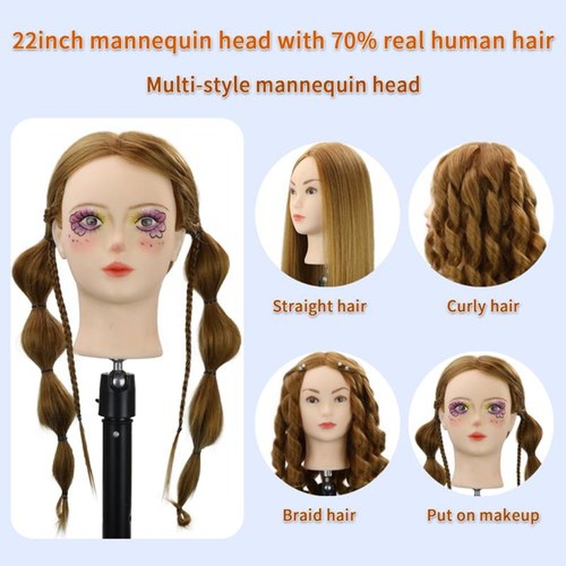 Mannequin Head Human Hair With 70% Real Human Hair Mannequin Head Human Hair 22inch Hairdresser Practice Training Head Cosmetology Manikin Doll Head (make-uped#27 Blond)