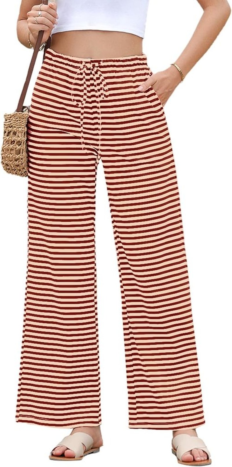 EVALESS Wide Leg Striped Pants for Women - Casual Drawstring Trousers with Pockets | Comfortable Lounge Wear