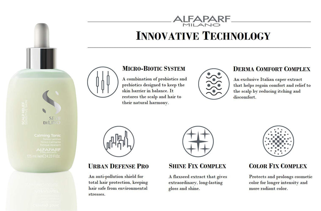 Alfaparf Milano Semi di Lino Scalp Relief Calming Tonic for Sensitive Skin - Immediate Calming Effect - Soothes, Brings Comfort and Hydrates - Itch Relief - Professional Salon Quality - 4.23 Fl Oz