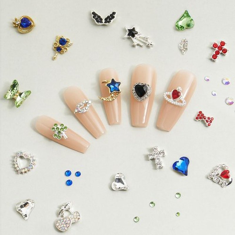 QIUTIMIY 30 PCs 3D Luxury Nail Art Charms + 650 PCs Rhinestones and Tweezers Kit Crystals Diamonds Jewelry Stones(Dark Blue)