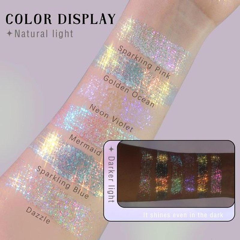 HOSAILY 2 Colors Roll-on Body Glitter Gel, Holographic Glitter Gel Under Light for Face Hair, Body Shimmer for Rave Accessories Christmas New Year Halloween Makeup (Golden Ocean+Neon Violet)