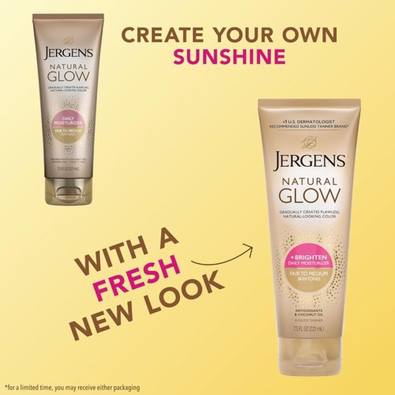 Jergens Natural Glow Self Tanner Lotion - Sunless Tanning for Fair to Medium Skin - 7.5 Oz Daily Moisturizer with Coconut Oil & Vitamin E