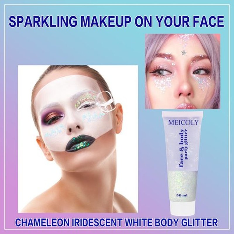 MEICOLY Chameleon Iridescent White Body Glitter,Holographic Face Glitter Paint Ice Themed Aerial Performance,Self-Adhesive Color Changing Mermaid Face Glitter,Opal Glitter for Hair,Festival Party