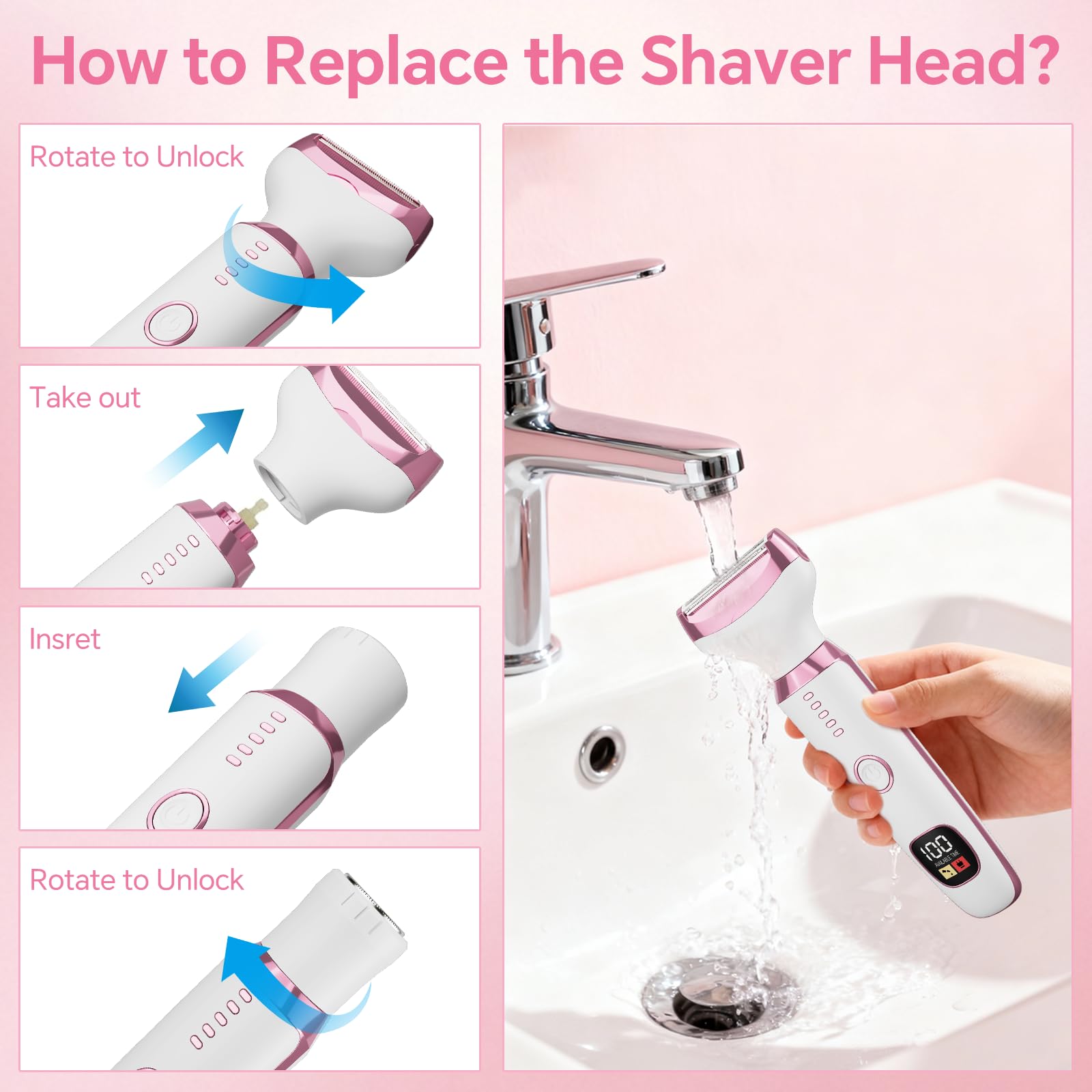 Electric Razor for Women 4-in-1 Bikini Trimmer & Body Shaver for Face, Legs, Underarms, Pubic Hair – Rechargeable Wet/Dry Painless Hair Removal with LED Display (White)