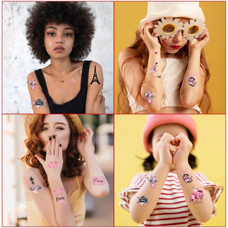 Yoyuspy Pink Paris Temporary Tattoos - 200+ Paris Themed Party Decorations Favors Supplies for Girls Women French Theme Birthday Decor Eiffel Towers Bows Romantic Tattoo Stickers Gifts Rewards